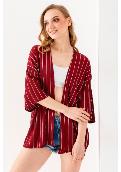 Giysa Kadın Yarım Kol Çizgili Bürümcük Kimono Bordo - 254406 Bordo