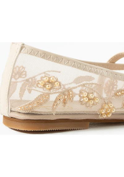 Duxal Shoes Rose Kadın İnci İşlemeli Tül Babet Çiçek Nakışlı Mary Jane Ayakkabı Bej