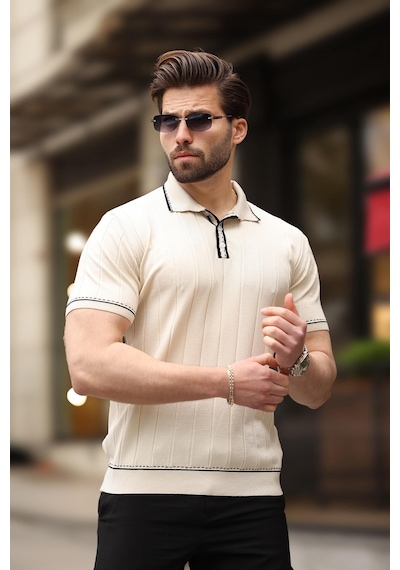 Madmext Ekru Düğmeli Polo Yaka Erkek Triko Tişört E7408 Ekru