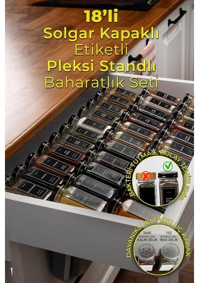Şeffaf Pleksi Standlı 18'li Cam Baharatlık Seti, Siyah Kapak Ve Etiketli Baharatlık Takımı Mh02syh18 Diğer
