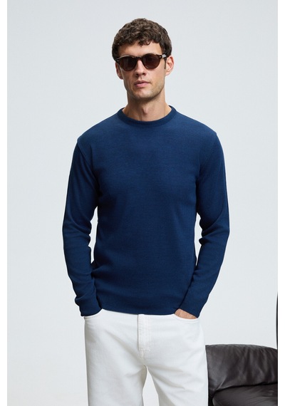 Grımelange VAREX Erkek Yuvarlak Yaka Basic Slim Fit Triko İndigo Kazak