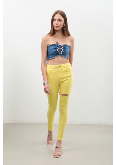 Kadın Yırtık Detaylı Jean Pantolon Sarı 001