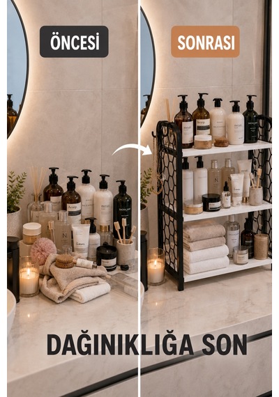 Pratika 3 Katlı Çok Amaçlı Plastik Düzenleyici Raf Mutfak Ve Banyo Organizeri, Yan Askı Kancalı, Beyaz-siyah Beyaz