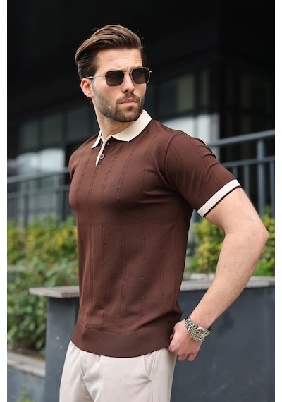 Madmext Kahverengi Polo Yaka Triko Erkek Tişört E7470 Kahverengi