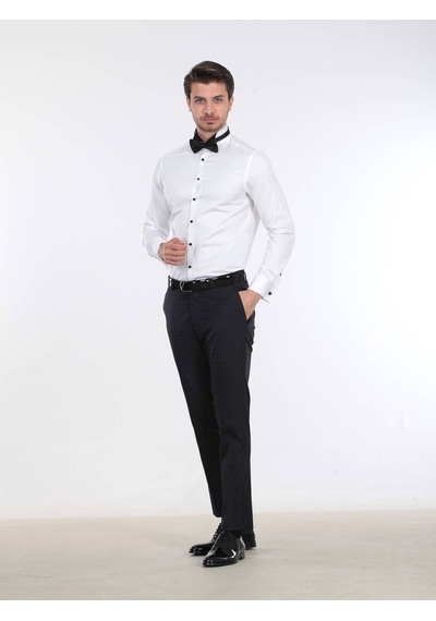 Kip Beyaz Düz Slim Fit Duble Manşet Ata Yaka Smokin Gömlek Beyaz