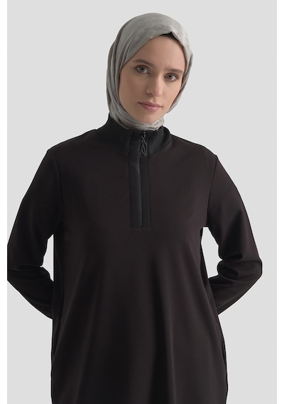 Armine Trend Yarım Fermuarlı Dik Yaka Uzun Kollu Rahat Kesim Basic Uzun Tunik 107 Cm Boy Siyah 26kt456