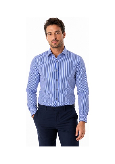 Elitpark Exclusive Line Lacivert Pamuklu Cepli Dikine Çizgili Uzun Kol Premium Erkek Gömlek