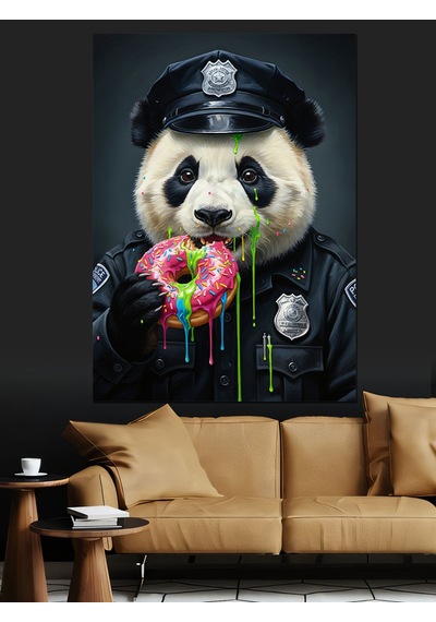 Polis Panda Ve Donut Keyfi Dekoratif Kanvas - Mdf Ahşap Tablo