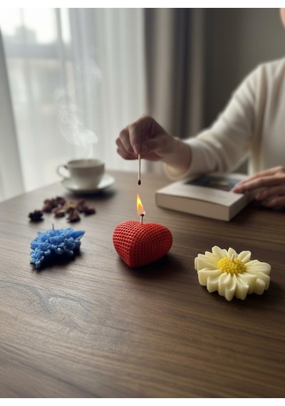 Mum Set 3lü Kırmızı Kalp - Papatya -leylak Hediyelik Özel Günlere Karışık/Çok Renkli