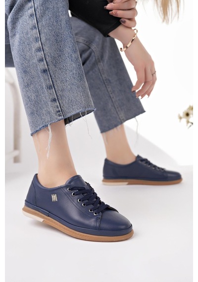 Nesilshoes Modessa 160 Laci Bağcıklı Hakiki Soft Deri Kadın Ayakkabı Lacivert