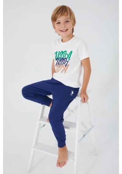 U.s. Polo Assn. 1315 Erkek Çocuk Writing Kısa Kol Pijama Takım Krem