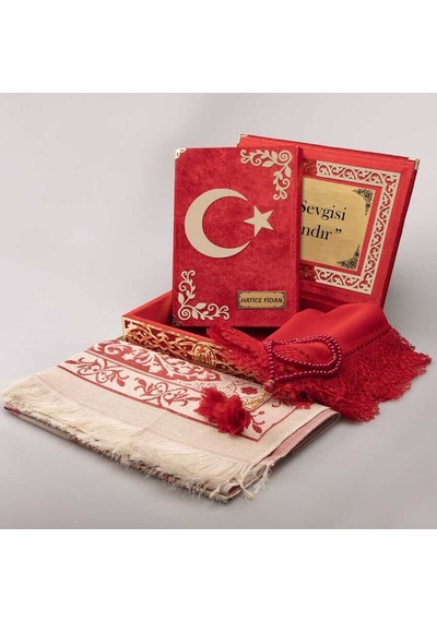 Şal+Seccade+Tesbih+AyYıldız Kuran Set (Orta, Kırmzı, Gold Pleksi)