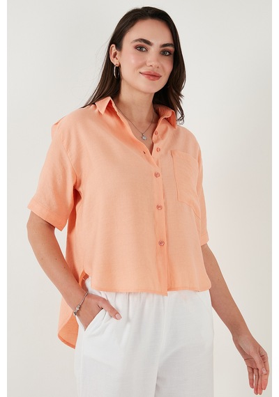 Lela Regular Fit Göğüs Cepli Kısa Kollu Bayan Gömlek 6779324 Oranj