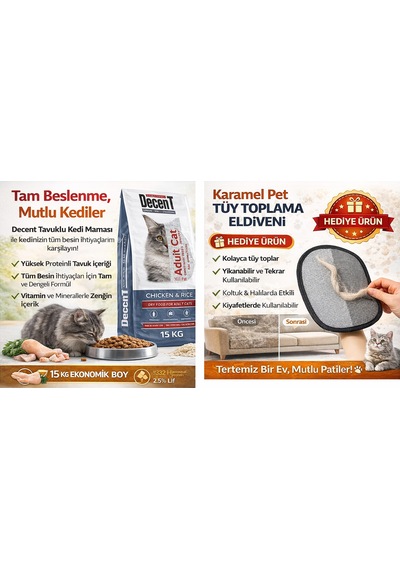 Decent Tavuklu Yetişkin Kedi Maması 15 Kg + Karamel Pet Tüy Toplama Eldiveni Hediye Yıkanabilir, Pratik Kullanım
