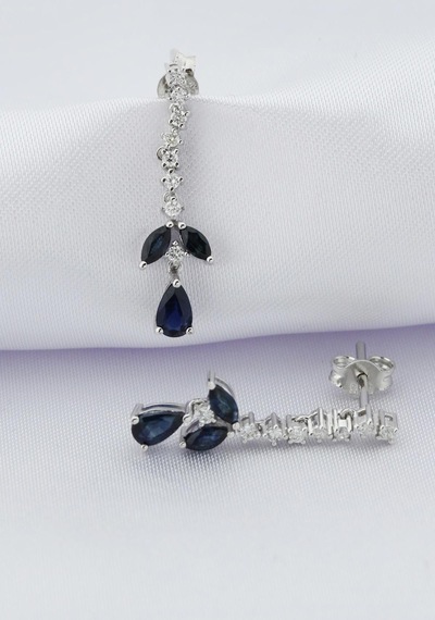 Doğal Safir Taşlı Sallantılı Pırlanta Küpe Sarı
