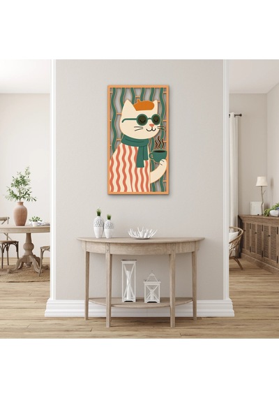 Gözlüklü Kahveci Kedi - Metal Tablo - Dec0329 70 X 125 Cm Çok Renkli