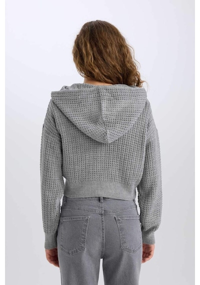 DeFacto Regular Fit Kapüşonlu Fermuarlı Triko Hırka E2269AXNSGR90 Gri