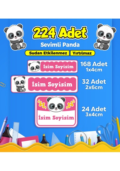 Sevimli Panda Temalı Okul Kreş Kişiye Özel İsim Etiket Seti - Model 148 Çok Renkli