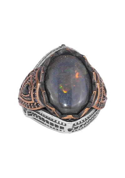 925 Ayar Gümüş Erkek Yüzük - Doğal Opal - Bronz Kaplama Detaylar - El Yapımı Dikkat Çekici Parça Gümüş