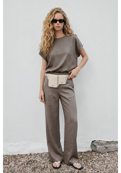 Sateen Kısa Kollu Bluz - Vizon-137677 VİZON