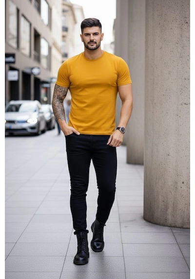Novalisse Erkek Body Tişört Bisiklet Yaka Slim Fit Likralı T-shirt - Limon Çoklu Renk