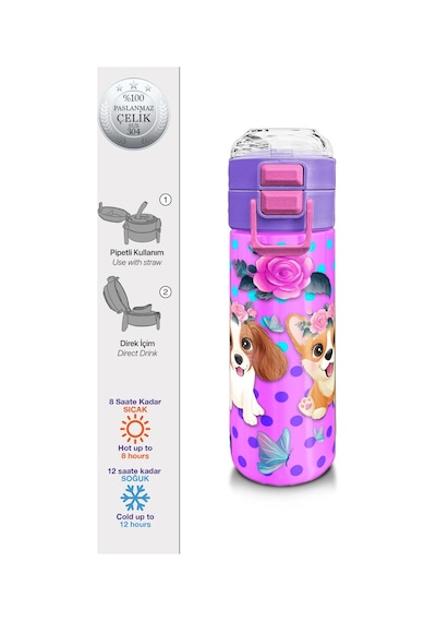 Coral High Kids Pembe Köpek Desenli Pipetli Ve Direkt İçim Çelik Termos 500 Ml 31951 Pembe - Altın