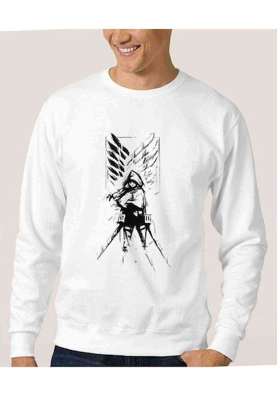 Anime Attack On Titan Baskılı Beyaz Erkek Örme Sweatshirt (528469608)