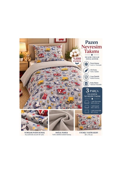 Slc Home %100pamuk Pazen Çocuk Nevresim Takımı Tek Kişilik Araba Çeşitleri Gri - 938498788 Gri