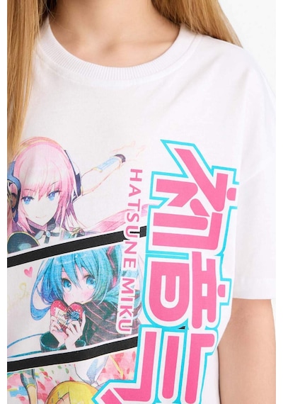 DeFacto Kız Çocuk Hatsune Miku Relax Fit Bisiklet Yaka Kısa Kollu Tişört E6516A825HSWT34 Beyaz