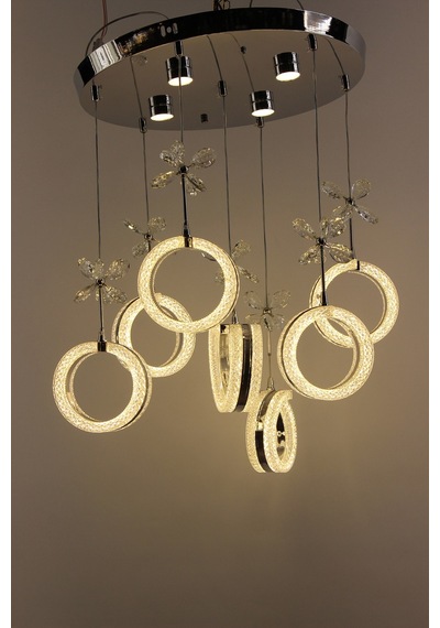 Krom Çemberli Seri 7li Işıltılı Halka Formlu Kristal Kelebekli Modern Sarkıt Gümüş