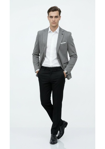 Erkek Siyah Slim Fit Blazer Ceket Tek Düğme Çift Yırtmaç Kollu Yamalı Siyah