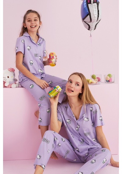 Siyah İnci Lisanslı %100 Pamuk Çok Renkli Düğmeli Pijama Takım Hk055 Lila Siyah İnci Lisanslı %100 Pamuk Çok Renkli Düğmeli Pijama Takım Hk055 Lila