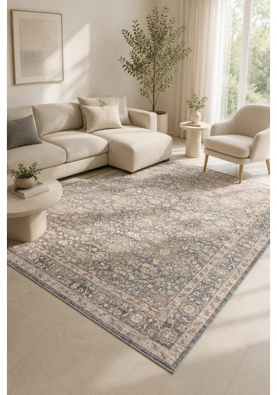 Sahra Collection Modern Vintage Desenli Eskitme Dokuma Yumuşak Salon Halısı Lacivert - Bej