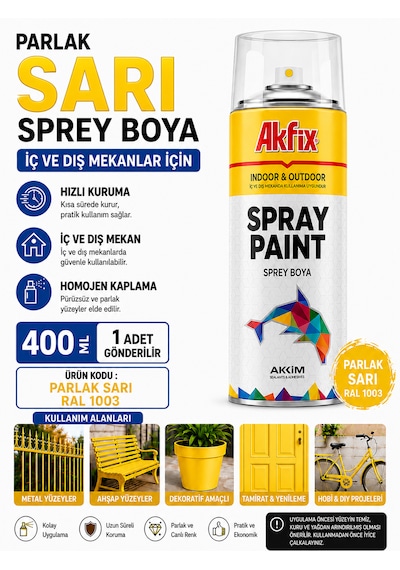 Akfix Sprey Boya Renk Seçiniz 400 Ml İç Ve Dış Cephede Kullanılabilir Mükemmel Kapatıcılık Parlak Sarı