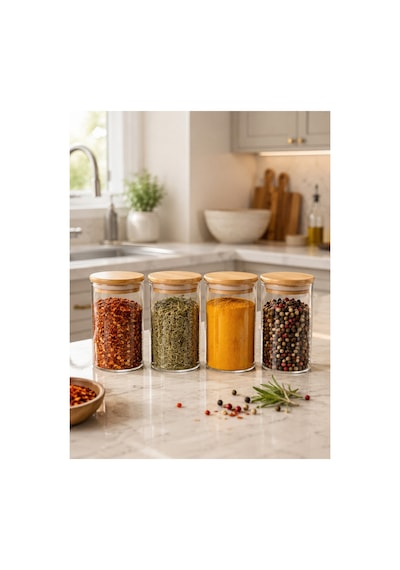12'li Bambu Vakum Kapaklı Borosilikat Cam Baharat Seti 270 Ml Diğer