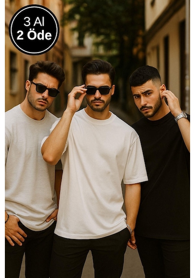 Rich Erkek 3'lü Paket Siyah-beyaz-gri Melanj Pamuklu Oversize Tişört Bisiklet Yaka Kısa Kollu T-shirt Gri