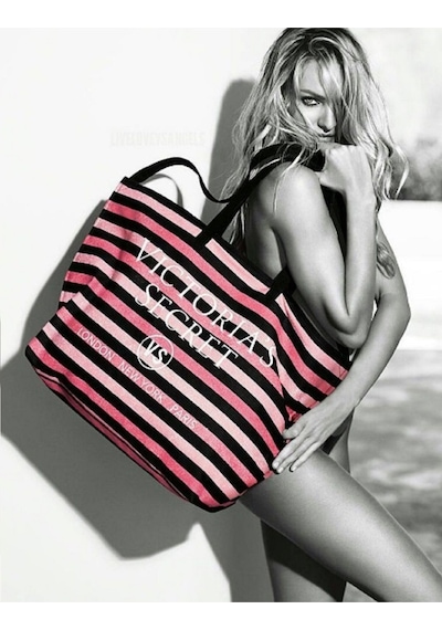 Victoria's Secret Vs Simli Siyah Pembe Çizgili Askılı Duffle Carryall Tote Siyah