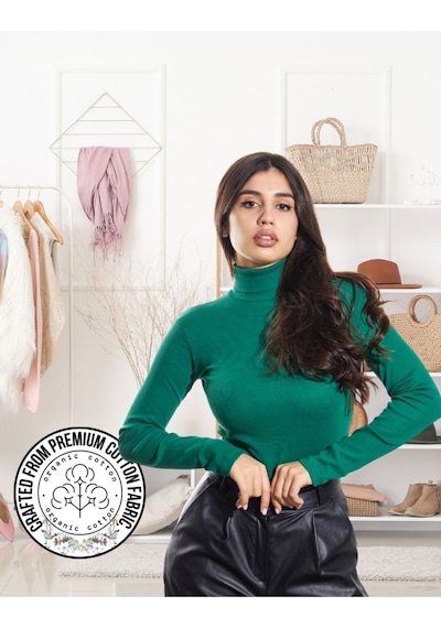 Alya Underwear Kaşkorse Tam Boğazlı Body Sweatshirt, Fitilli Kumaş, Likralı, Gül Kurusu Çimen Yeşili