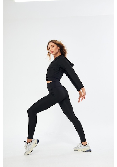 Lesa Wear Kapüşonlu Içi Polarlı Yumuşacık Şardonlu Kaşkorse Crop Likralı Sweatshirt Siyah