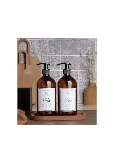 Ahşap Standlı 500ml Amber Cam Sabunluk Set Mutfak Sabunluk Set Kahverengi Kahverengi