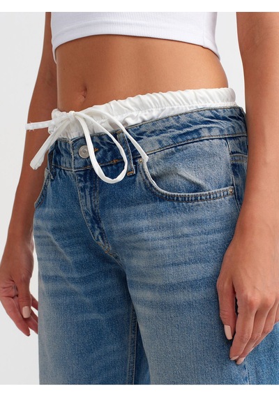 Dilvin Saten Boxer Detaylı Bol Paça Denim Kot Pantolon - Mavi - 71494 001