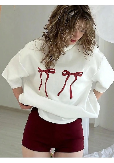 Kadın Çift Kurdele Baskılı Bisiklet Yaka Tshirt Beyaz
