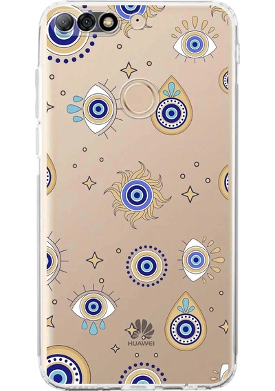 Huawei Y7 2018 İle Uyumlu Nazar Boncuğu 5 Kamera Korumalı Şeffaf Silikon Kılıf Şeffaf