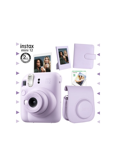 Fujifilm Instax Mini 12 Fotoğraf Makinesi + 10'lu Film + Çerçeve + + Kare Albüm + Deri Kılıf Seti Lila