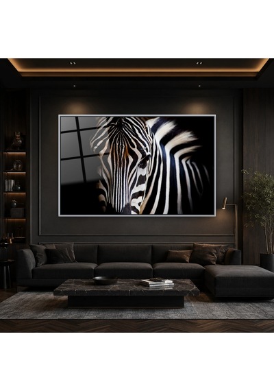 Karanlıkta Zebra Yakın Plan Gümüş Çerçeveli Cam Tablo
