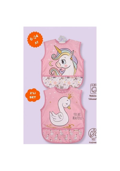 Bebek Pembe Desenli Leke Tutmaz Figürlü Mama Önlüğü Sıvı Geçirmez Önlük Pembe