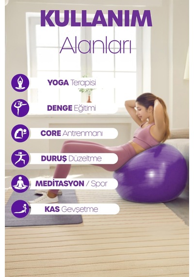 65 Cm Pilates Topu Ve Pompa Seti 155-170 Cm Boy İçin Uygun Dayanıklı Anti-slip Mor
