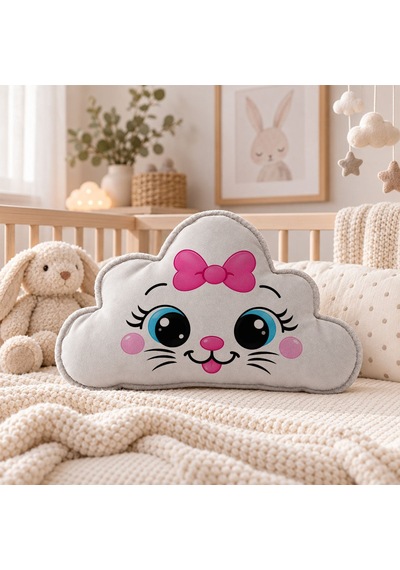 Bk Gift Sevimli Yüz Tasarımlı Gri Bulut Yastık-8 - Bebek Ve Çocuk Odası Dekoratif Yastık 34,5x22 Cm