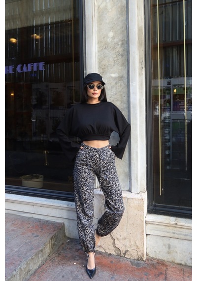 Kechi Woman Gabardin Kumaş Desenli Pantolon Gri Leopar