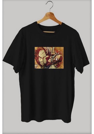 Noıssey -wed One Punch Man Baskılı Oversize T-shirt Tişört Sokak Tarzı Siyah